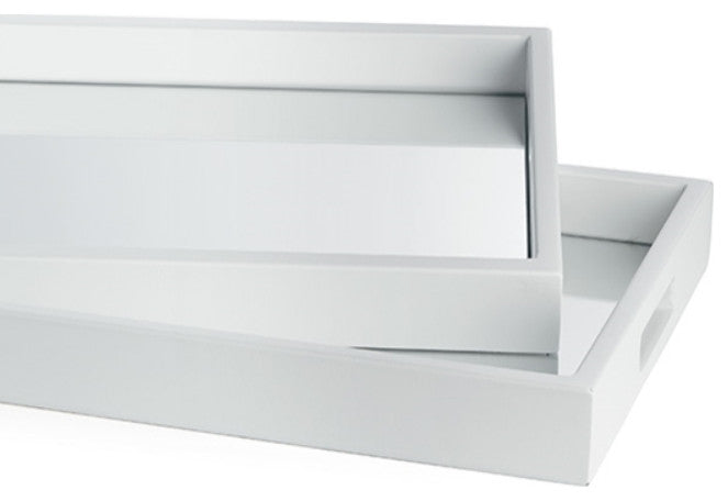Modern Elegant White Wood Serving Trays Set 2 Mirror Bottom Sleek Minimalist