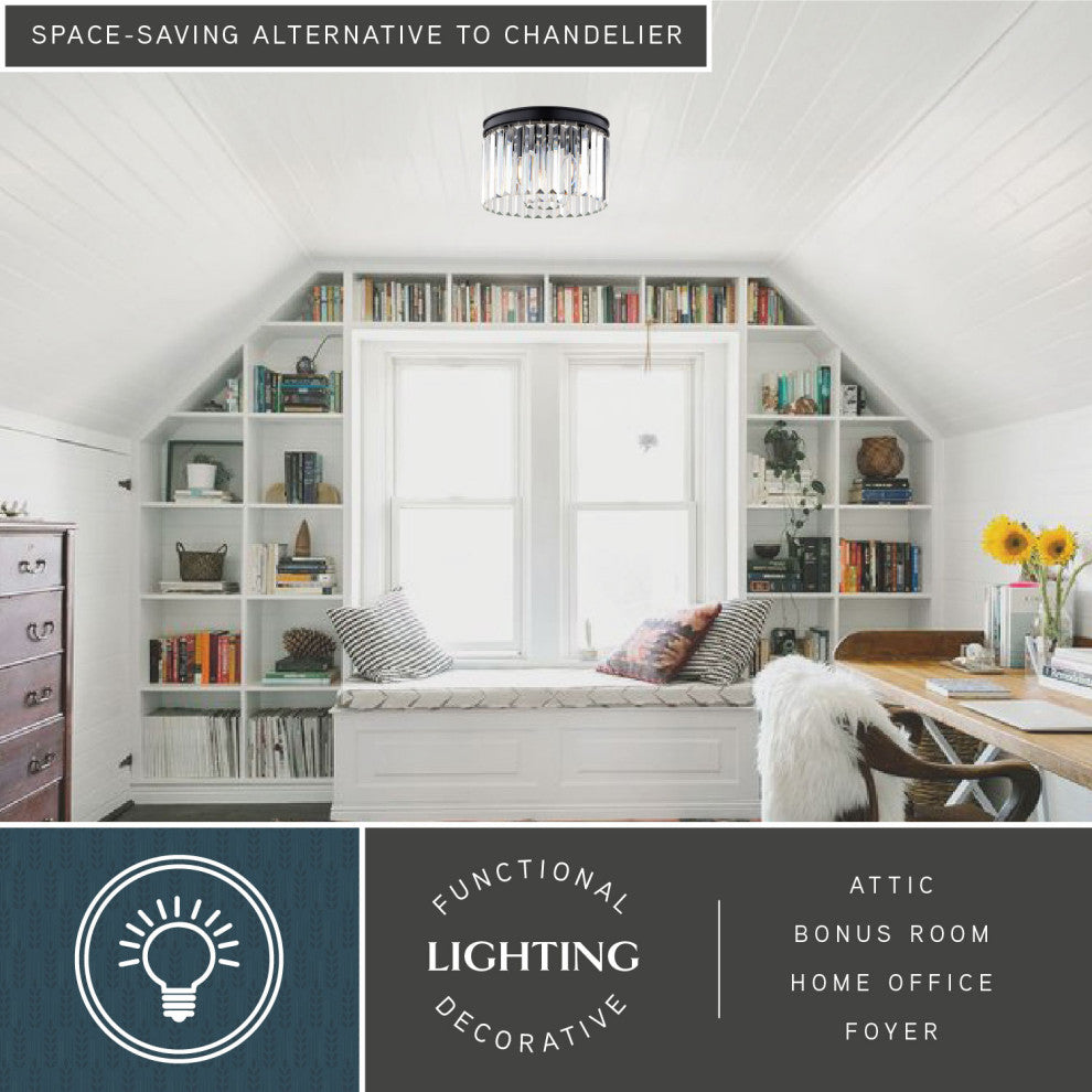 Allerton 3-Light Matte Black Modern Drum Flush Mount Fixture Crystal Prism Shade