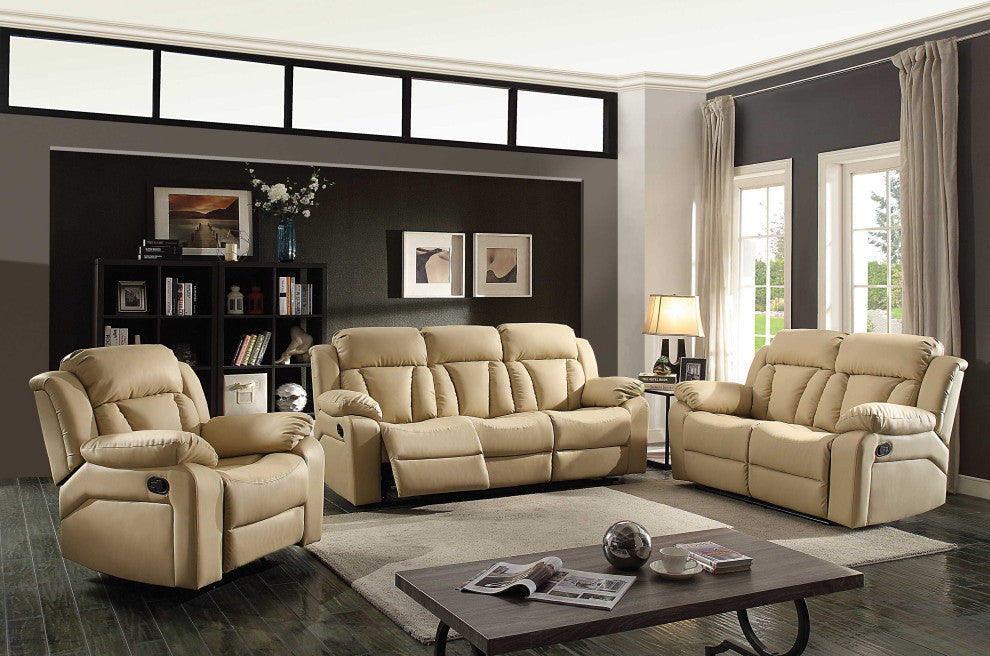 Daria 85 in. W Flared Arm Faux Leather Straight Reclining Sofa, Beige