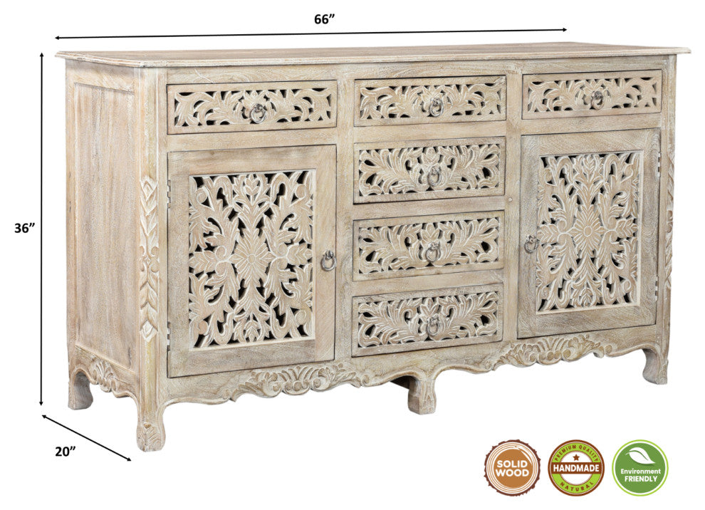Delaney Carved Sideboard, Distressed Off-White