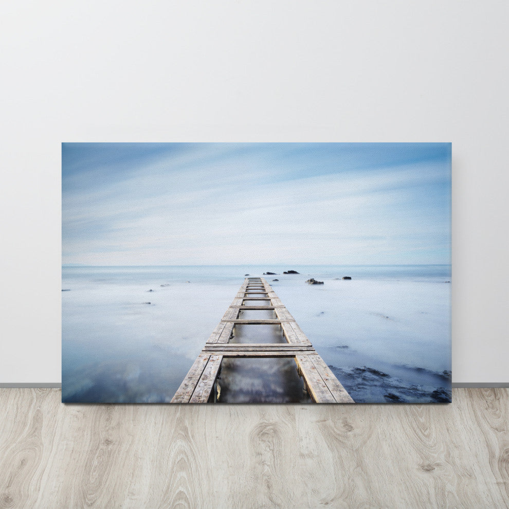 Moody Ocean and Sky Wooden Pier Landscape Photo Canvas Wall Art Prints, 24" X 36"