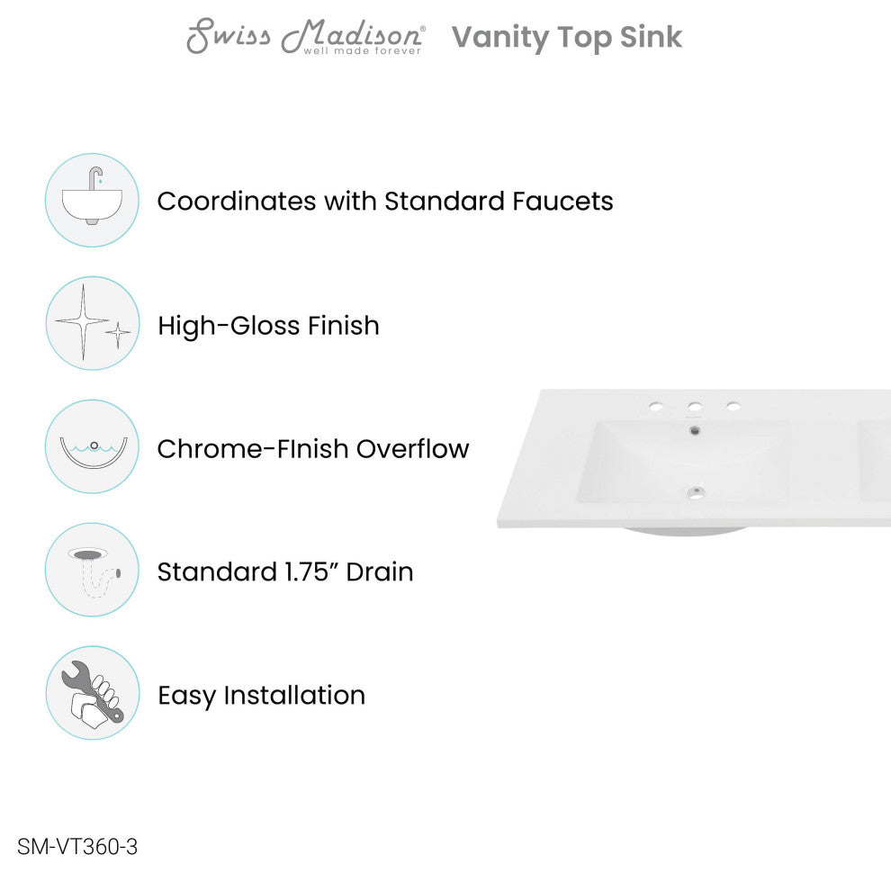 60" Vanity Top Bathroom Sink With 3 Holes