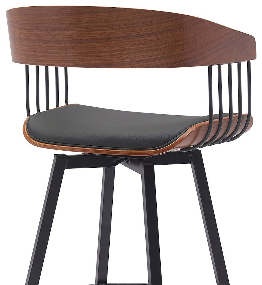 Athena Upholstered Wood Swivel Bar or Counter Stool with Black Metal