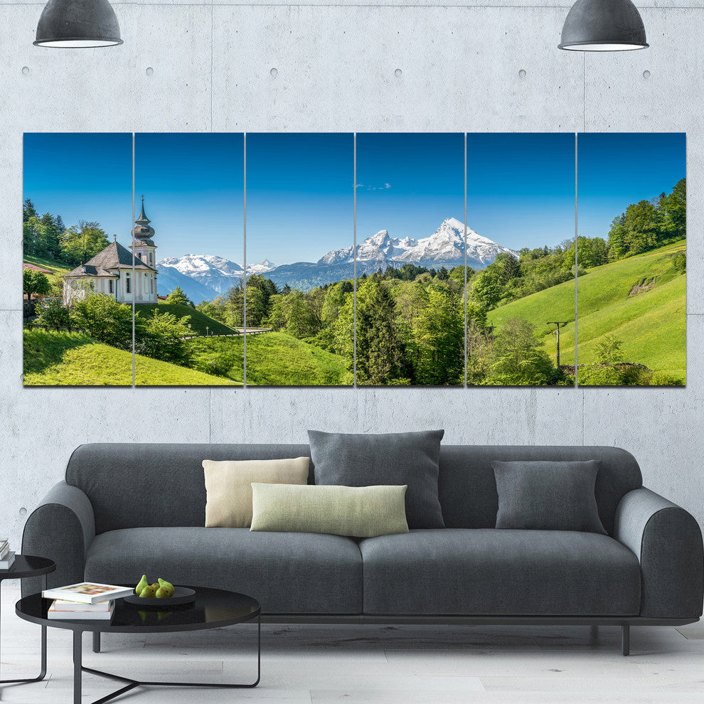 Green Mountain View of Bavarian Alps, Landscape Canvas Print, 70"x28", 6 Panels