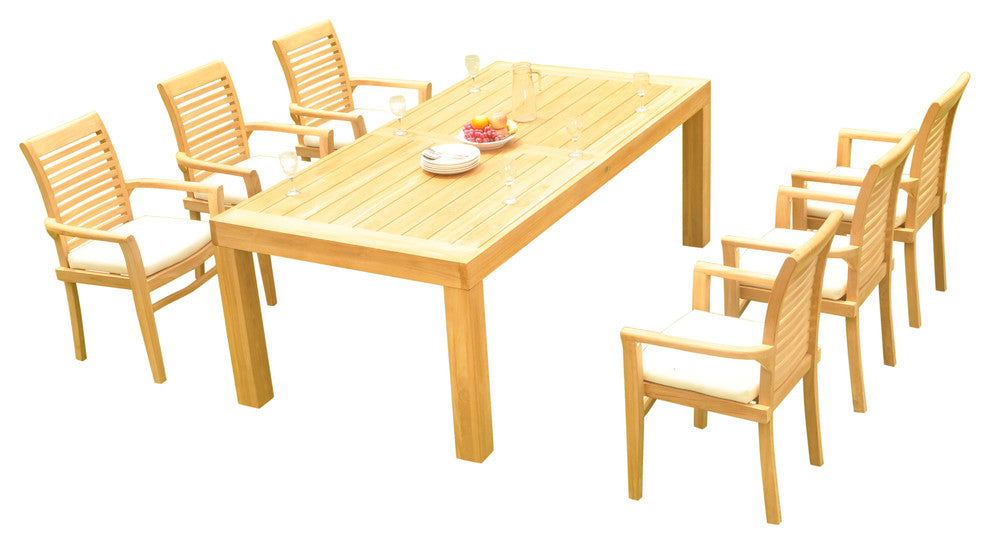 7-Piece Outdoor Teak Dining Set: 86" Rectangle Table, 6 Mas Stacking Arm Chair
