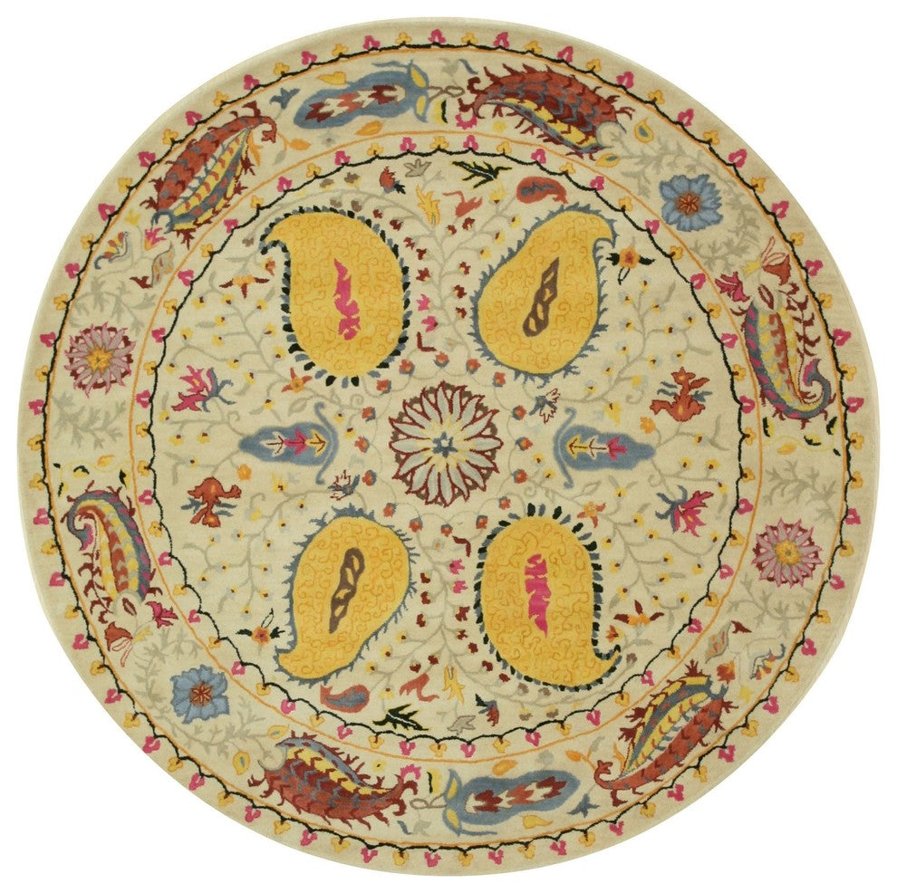 EORC Hand-tufted Wool Ivory Transitional Floral Paisley Rug, Round 7'9"