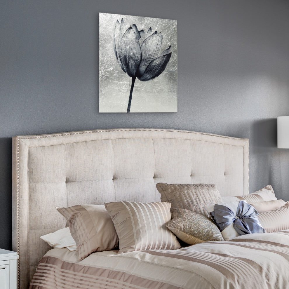 "Lotus" Reverse Printed on Tempered Glass With Silver Leaf Wall Art