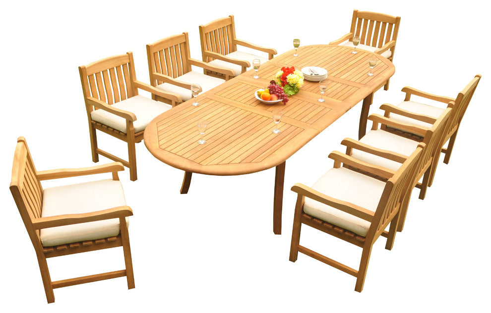 9-Piece Outdoor Teak Dining Set, 117" Extension Oval Table, 8 Devon Arm Chairs