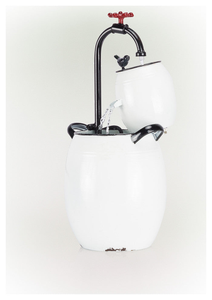 White Barrels and Faucet Tabletop Fountain