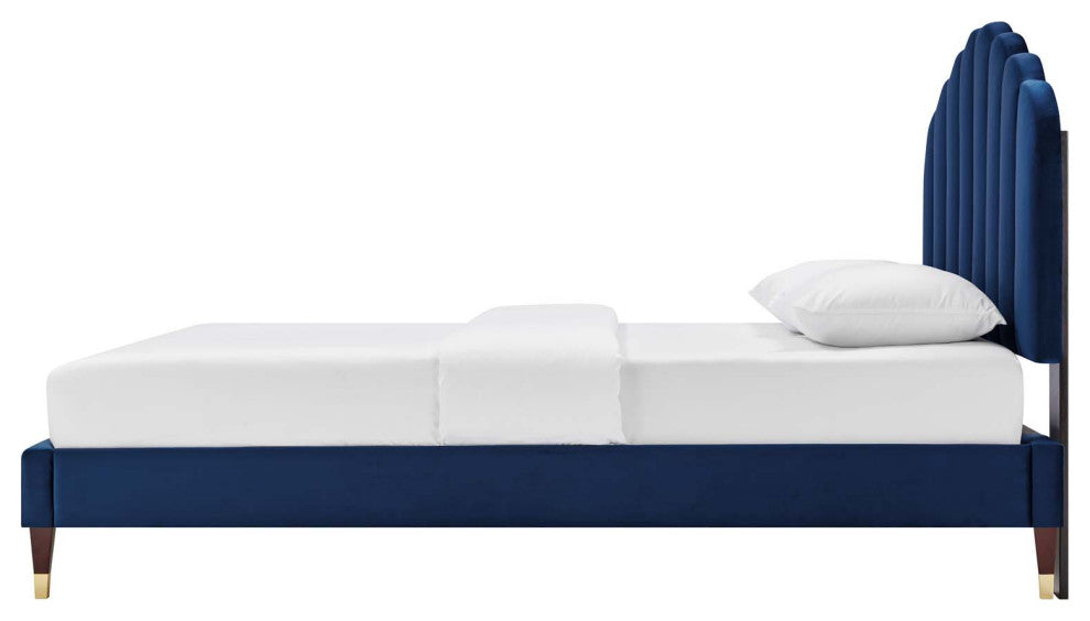 Platform Bed Frame, Queen Size, Blue Navy, Velvet, Modern, Bedroom Guest Suite