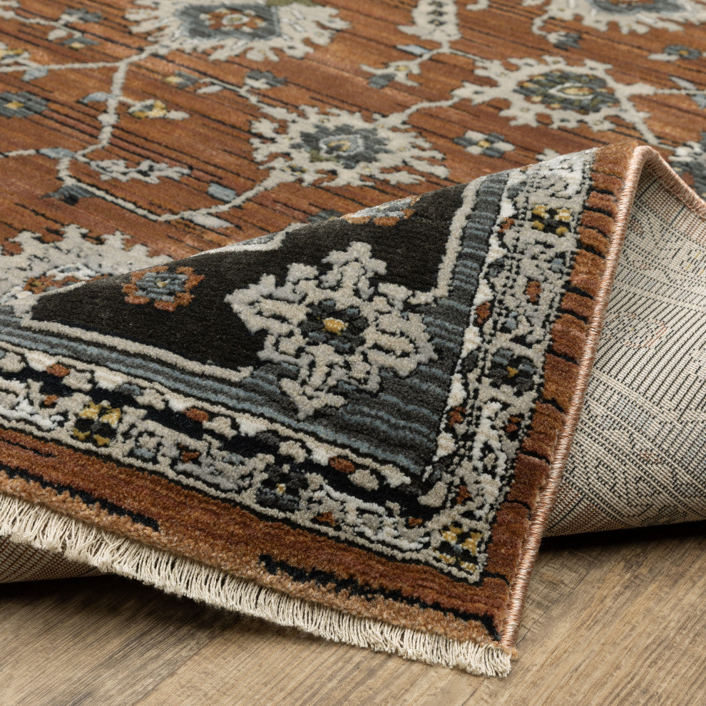 Keller Traditional Bordered Oriental Rust/ Gray Area Rug, 9'10" x 12'10"