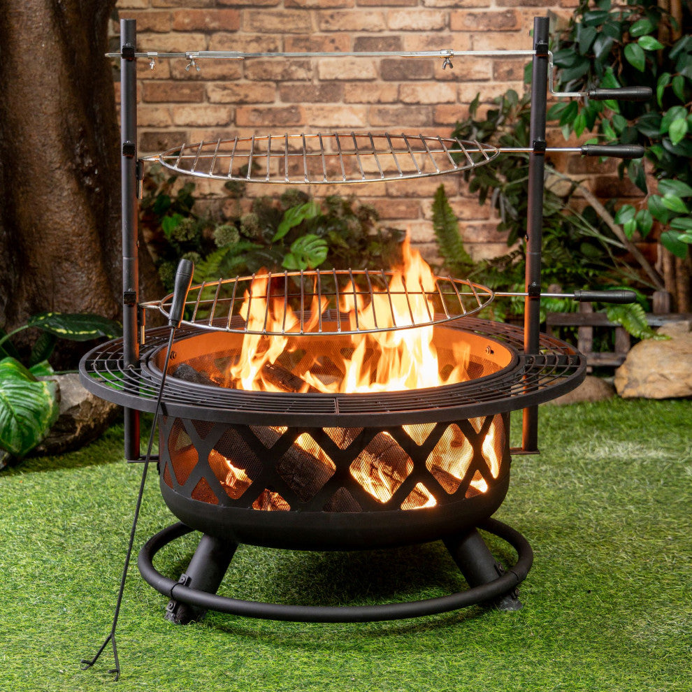 33" Diameter Outdoor Steel Woodburning Fire Pit Grill and Rotisserie