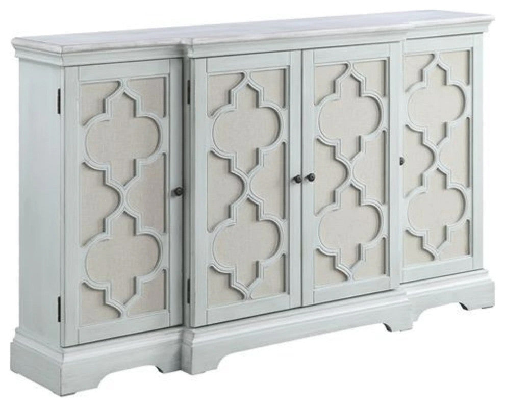 Benzara BM273236 4 Door Buffet Cabinet Console Table, Quatrefoil, Antique Blue