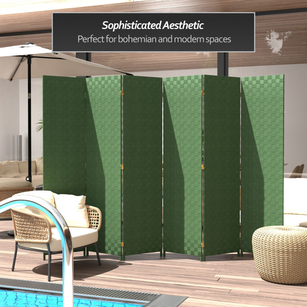 6 ft. Tall Woven Fiber Outdoor All Weather Room Divider 6 Panel Green