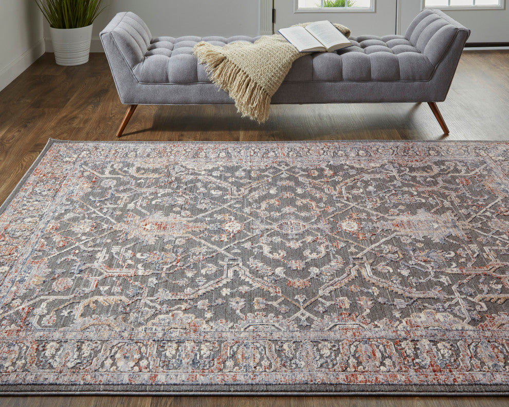 Weave & Wander Sybil Transitional Oriental Style Rug, Charcoal/Blue/Red, 7' - 10