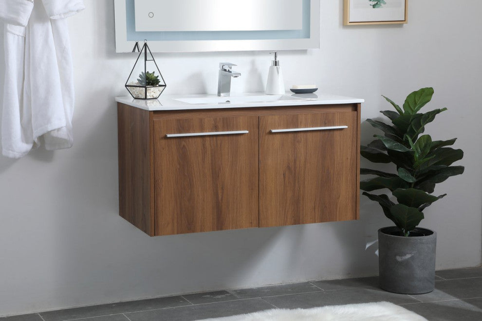 Single Bathroom Floating Vanity, Walnut Brown, 36"