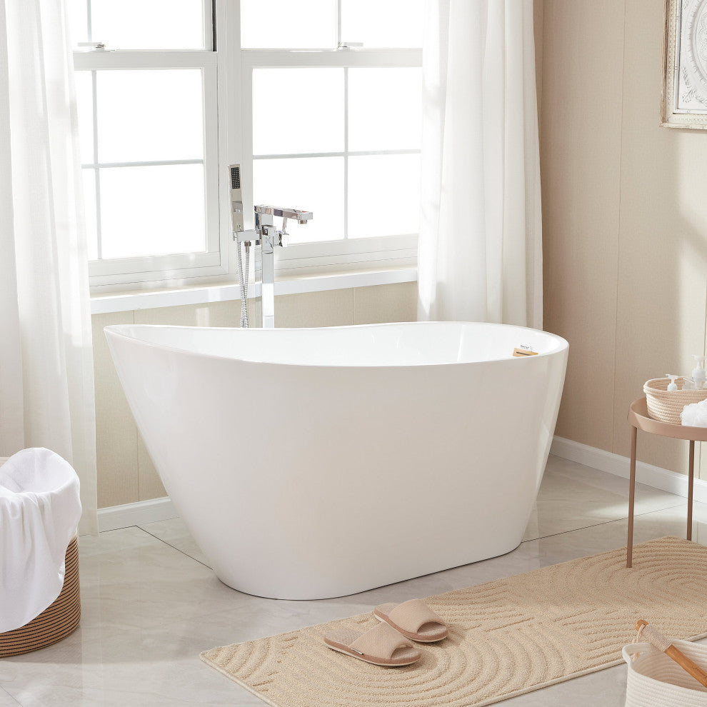 Vanity Art Freestanding Acrylic Soaking Bathtub, White/Titanium Gold, 55"