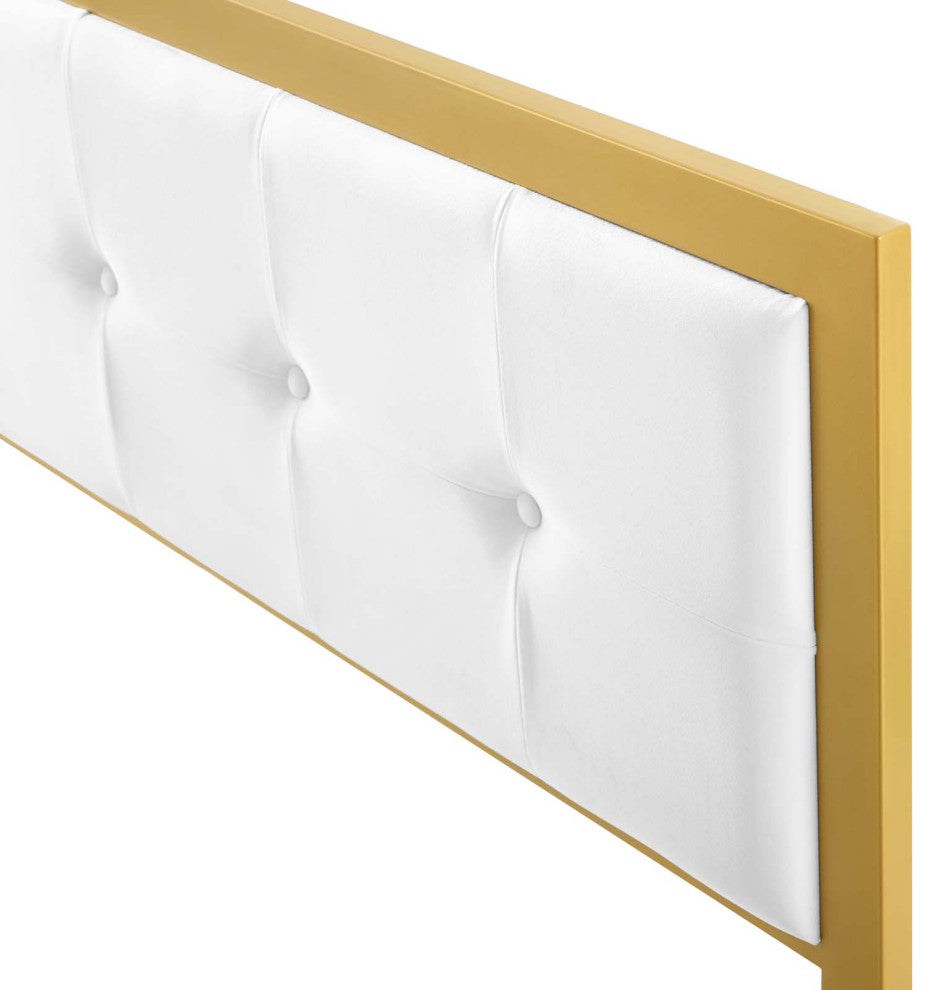 Tufted Headboard, Twin Size, Velvet, Metal, Gold White, Modern Contemporary