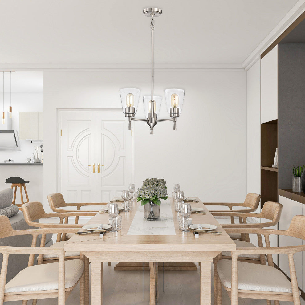 3-Light Brushed Nickel Modern Chandelier With Clear Cone Glass Shades