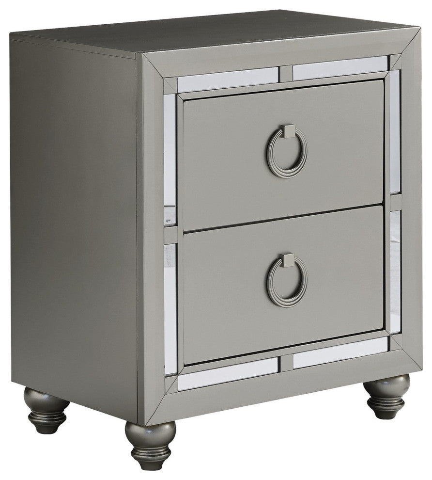 Silver Champagne Tone Nightstand With 2 Drawer  Mirror Trim Accent