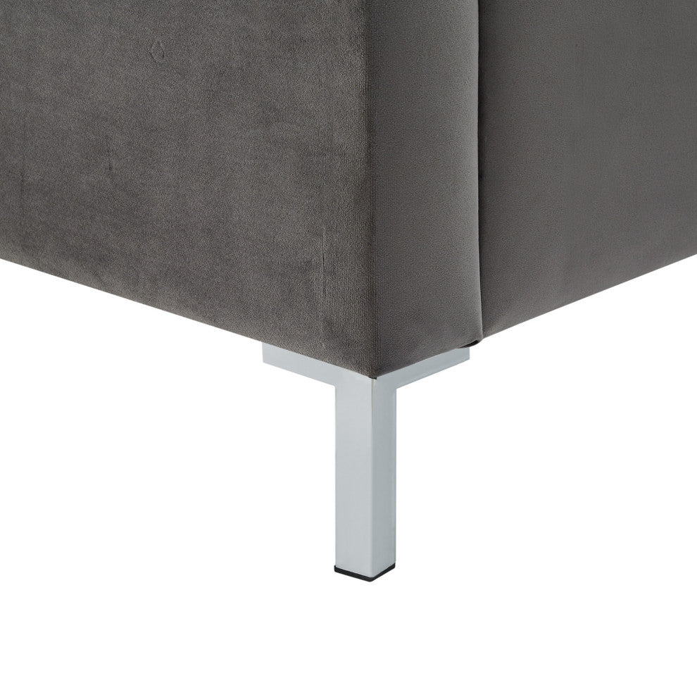 Giovanna Nailhead Trim Platform Bed, Gray Velvet, Queen
