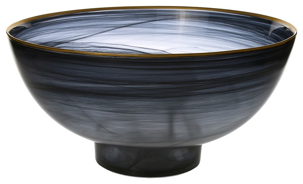 Classic Touch Black Alabaster Bowl With Base And Gold Rim