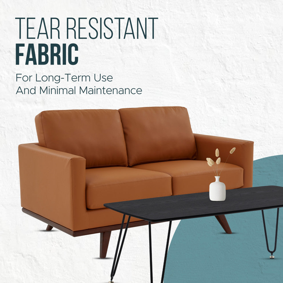 LeisureMod Chester Modern Leather Loveseat With Birch Wood Base, Cognac Tan