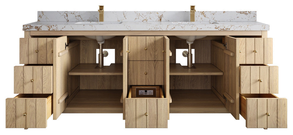 Atlanta Oak 84" Double Sink Bath Vanity, White 2" Viola Gold