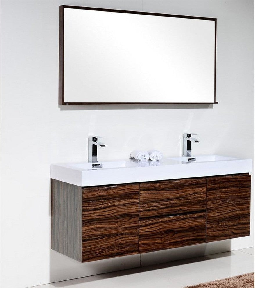 Bliss 60" Double Sink Walnut Wall Mount Modern Bathroom Vanity