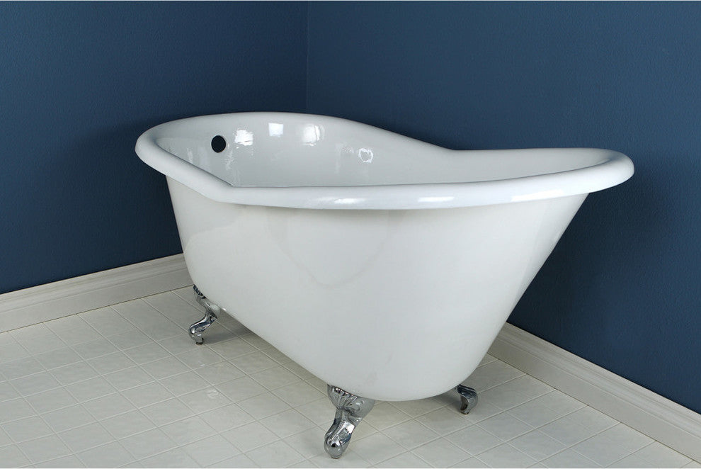 60" Cast Iron Single Slipper Clawfoot Tub (No Faucet Drillings), White/Chrome