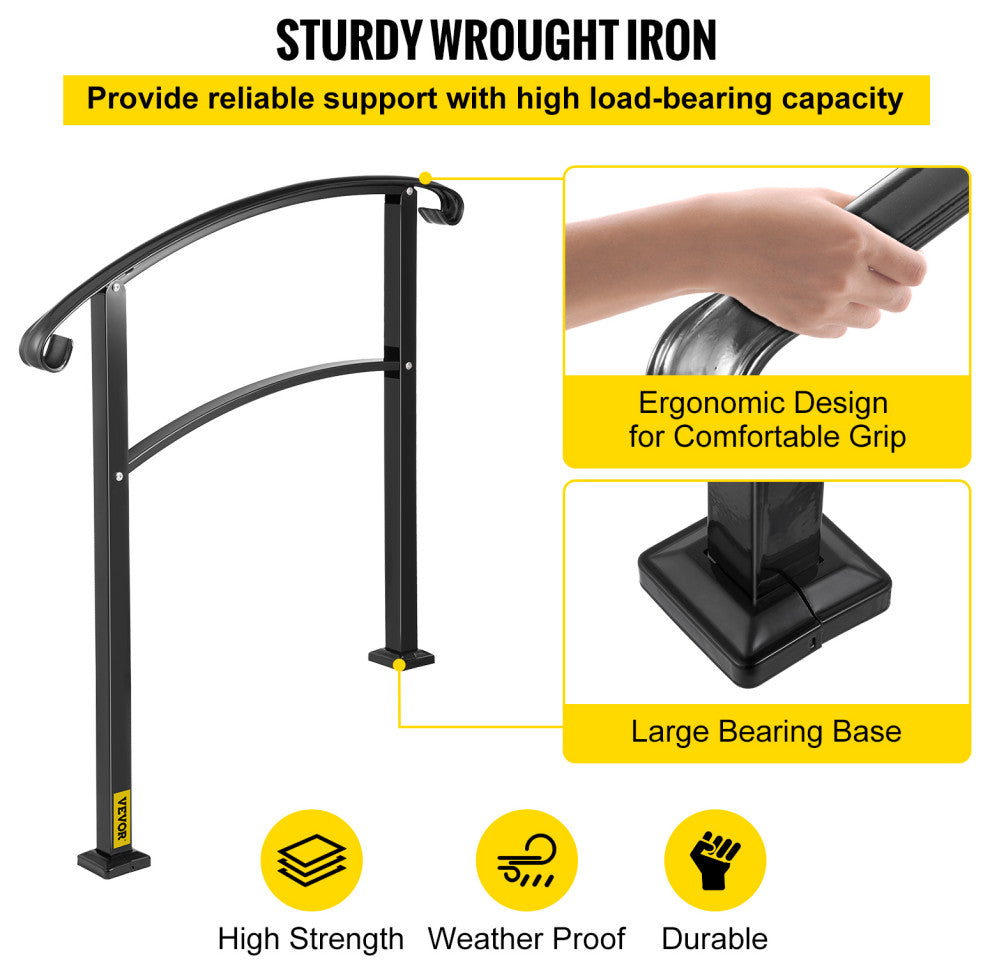 Wrought Iron Handrail Outdoor Stair Rail with Installation Kit, Black, Fit 3 Steps