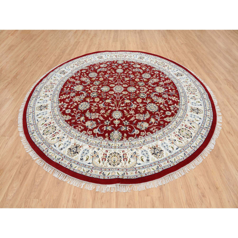 Cherry Red, Hand Knotted Nain, 250 KPSI Wool and Silk Round Rug, 9'1"x9'1"