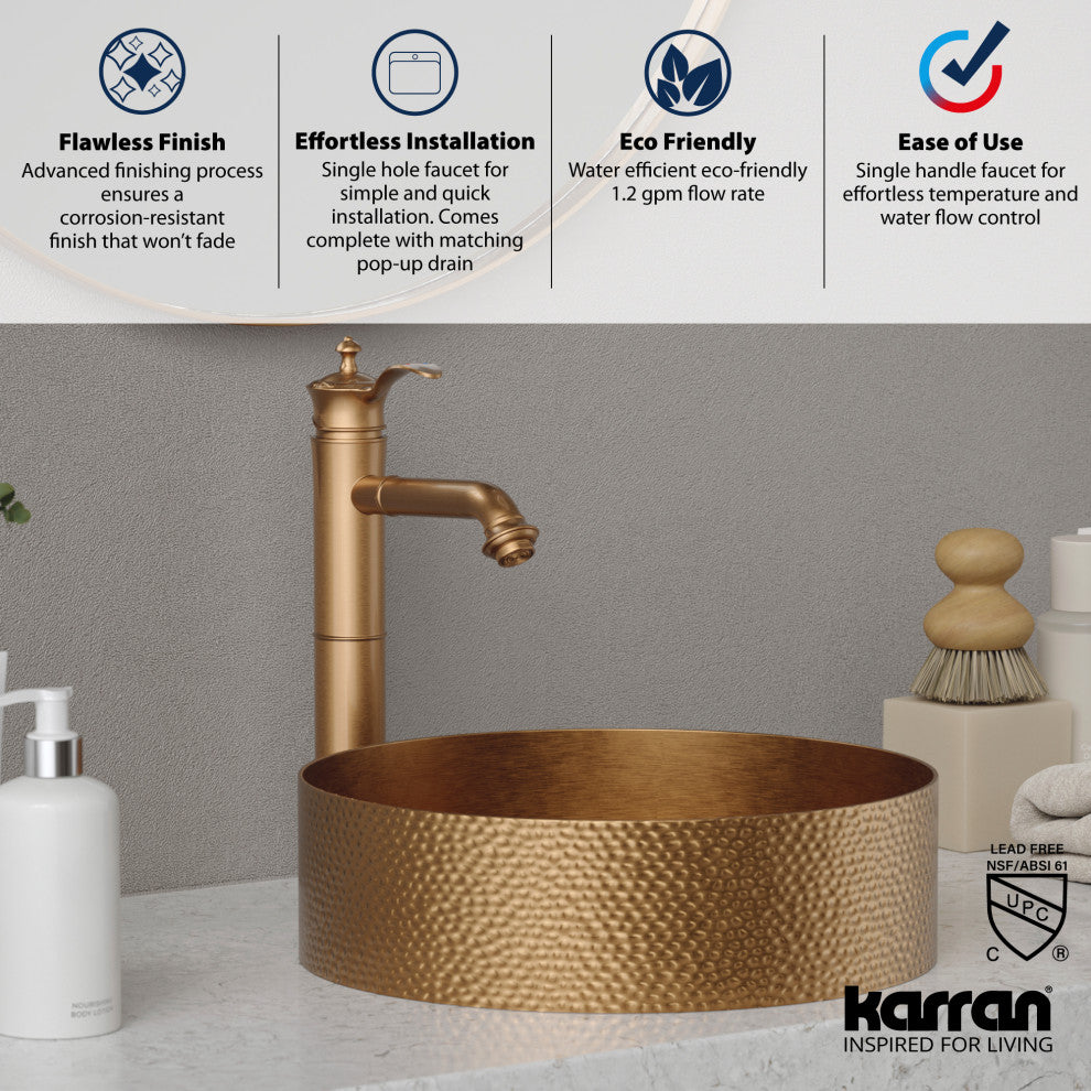Karran 1-Handle 1-Hole Vessel Faucet With Pop-up Drain, Brushed Copper