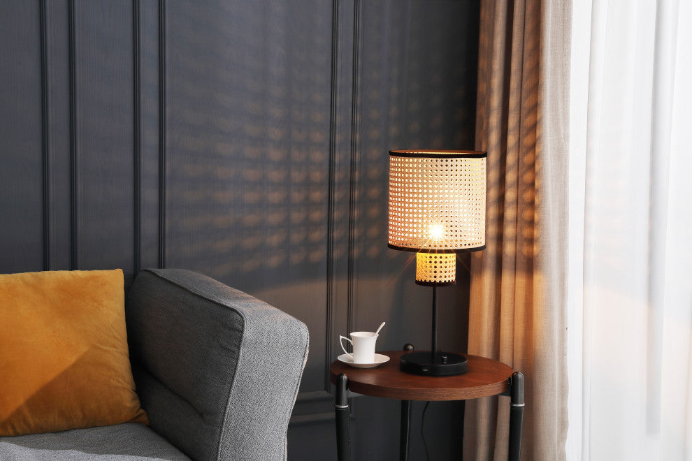 Vidalite Nakuv Rattan And Velvet Table Lamp With USB Port