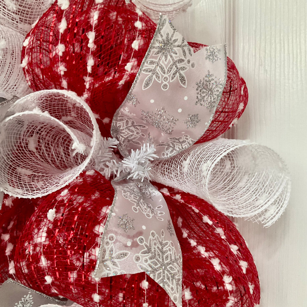 Let It Snow Glittering Red and White Snowdrift Winter Wreath Handmade Deco Mesh