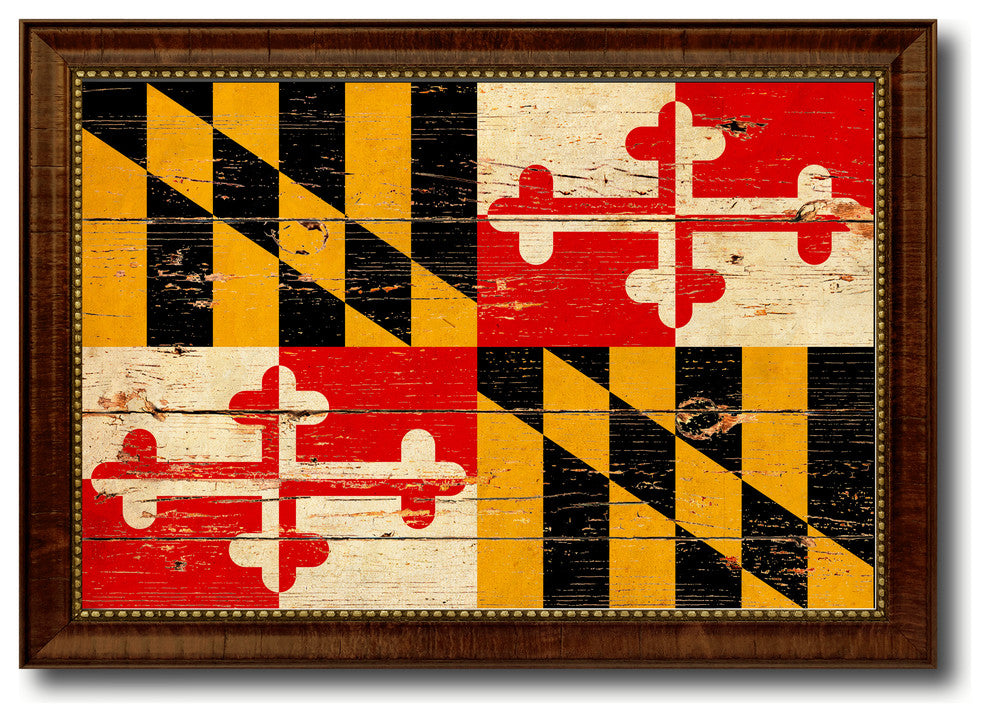 Maryland State Vintage Flag Print With Brown Gold Frame, 15"X21"