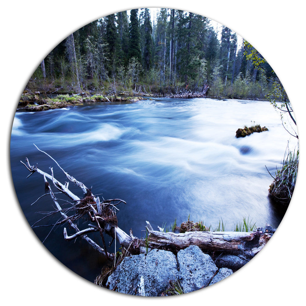 Blue River In Forest At Evening, Landscape Disc Metal Wall Art, 36"