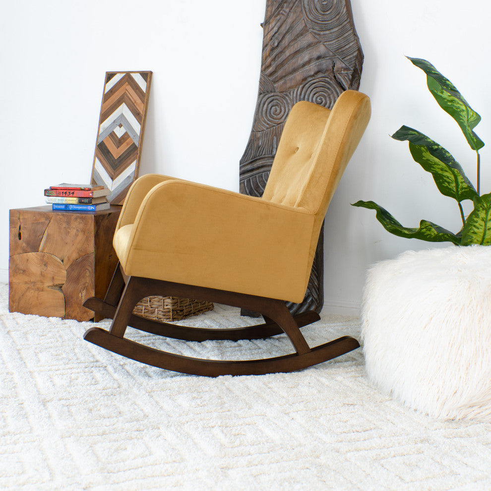 Charlotte Mid-Century Tufted Back Velvet Upholstered Rocking Chair, Yellow