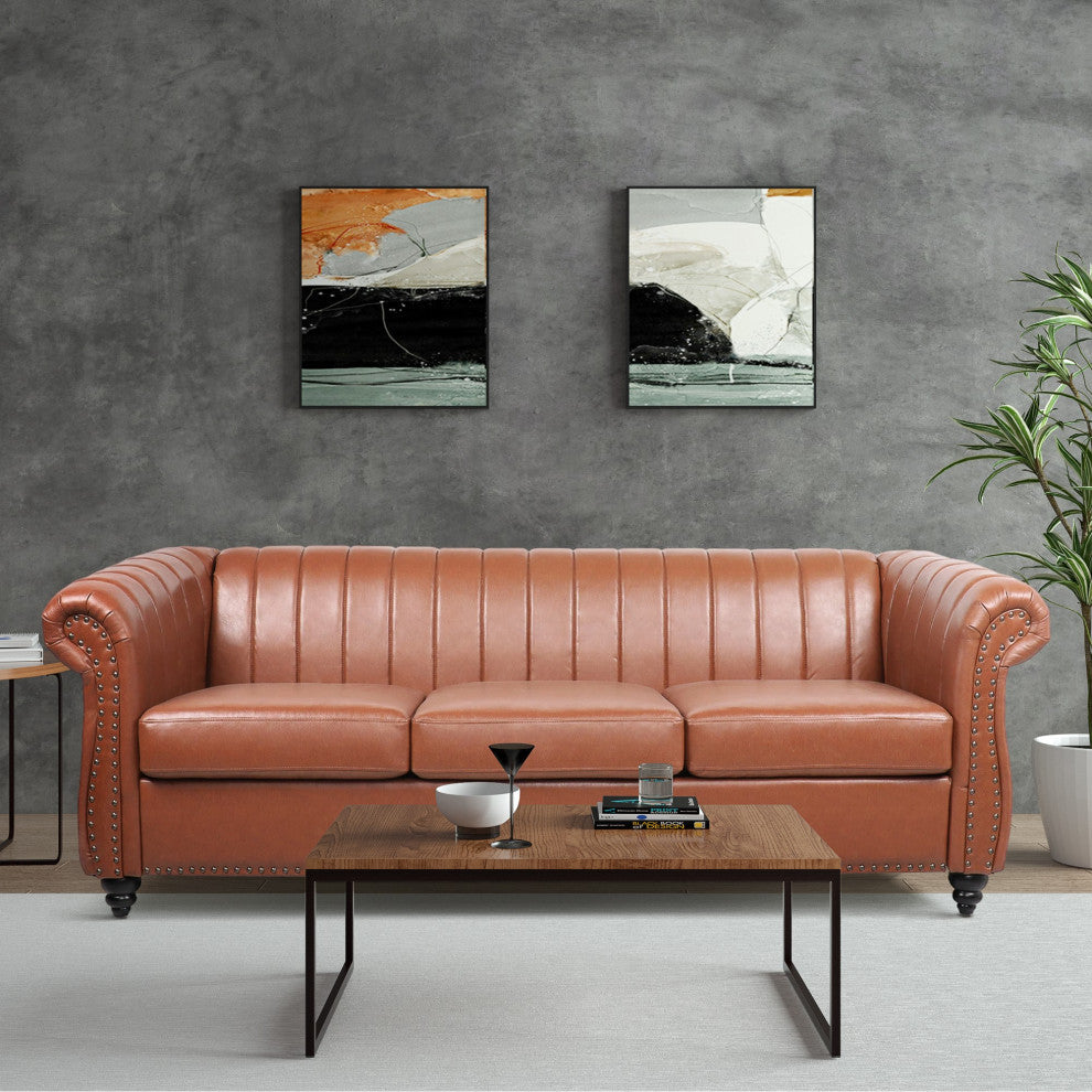83" Faux leather Rolled Arm Sofa with Nailhead Trim, Brown, 83'' X 33''