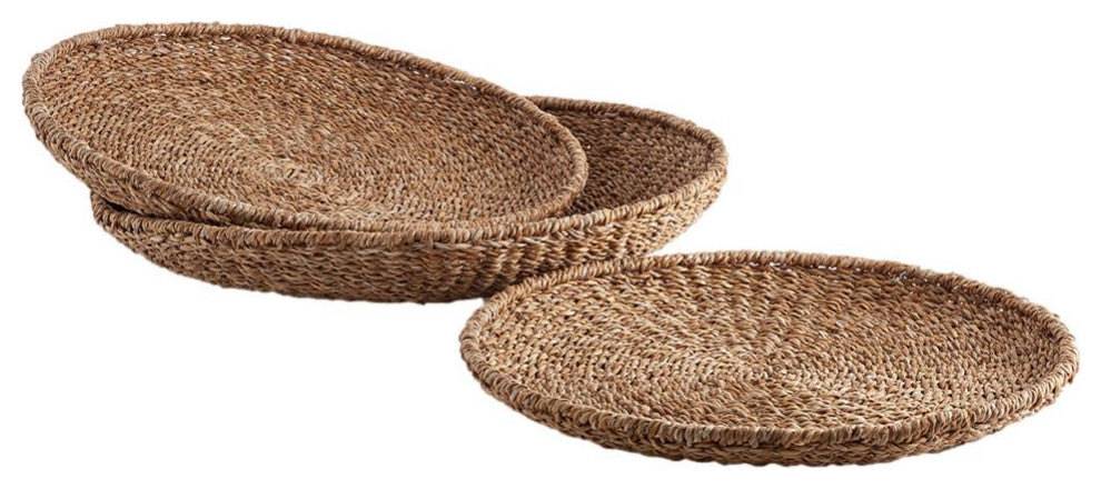 Set of 3 Round Woven Sea Grass Tray Baskets Natural Decorative Bowls 22 20 18 in