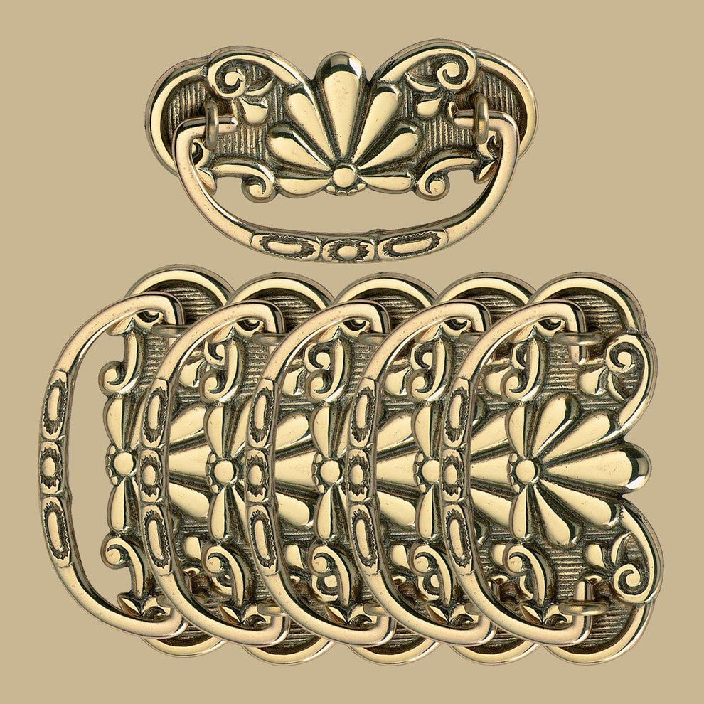 6 Antique Cabinet Drawer Pull Solid Brass Scalloped  |