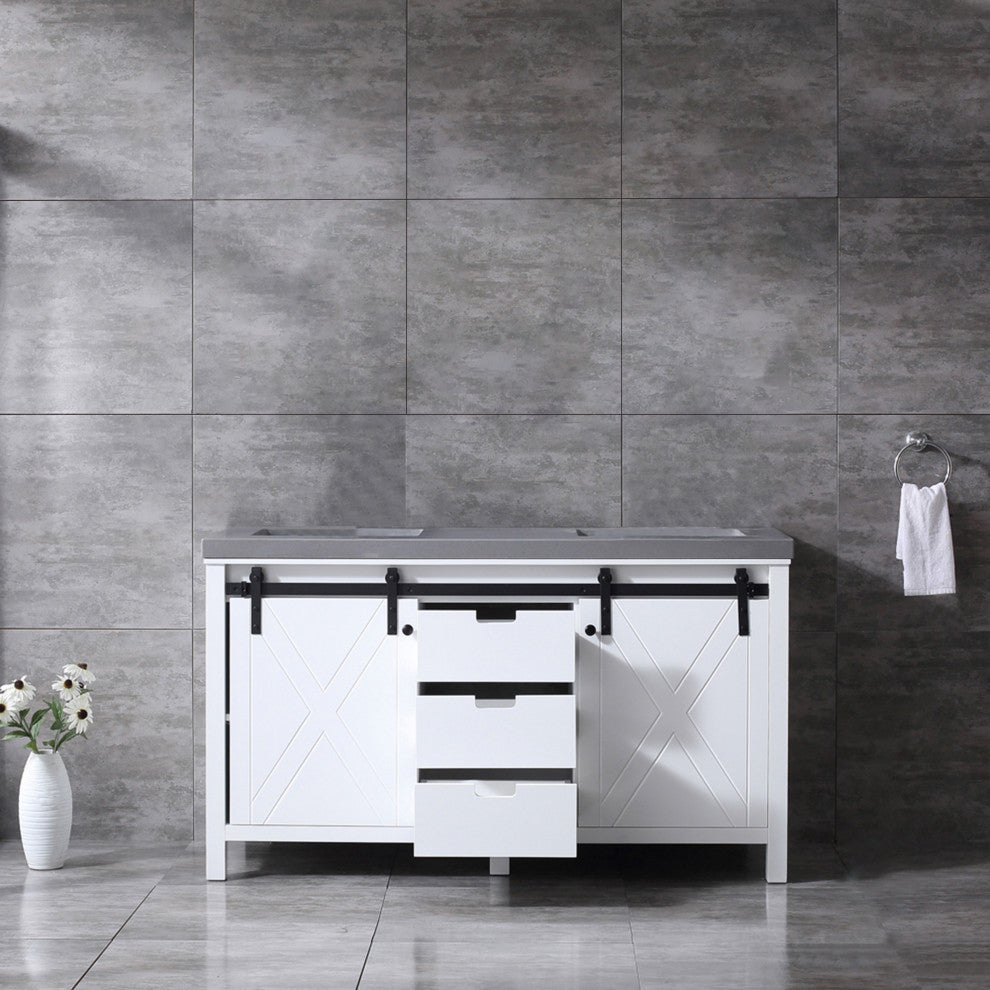 Marsyas 60" White Double Vanity, Gray Quartz Top, White Sinks, No Mirror