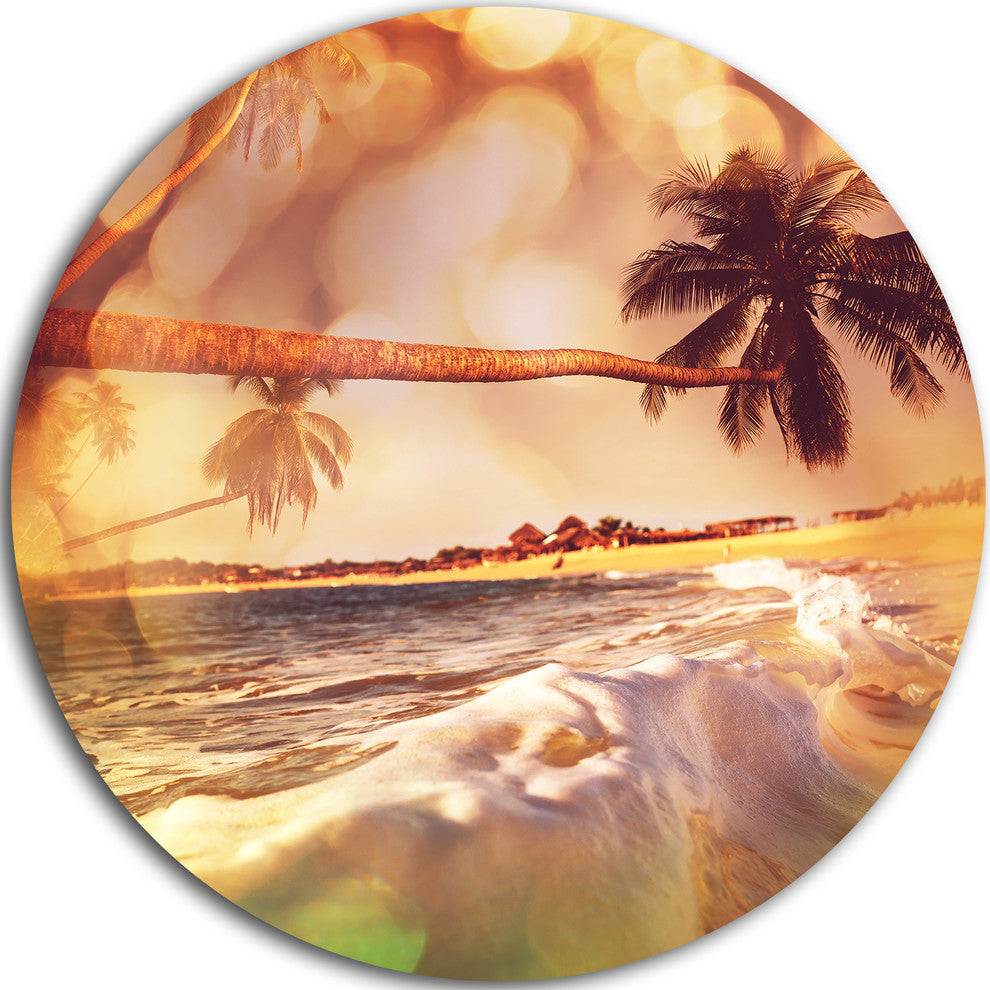 Tropical Beach With Bent Coconut Palms, Beach Disc Metal Wall Art, 11"