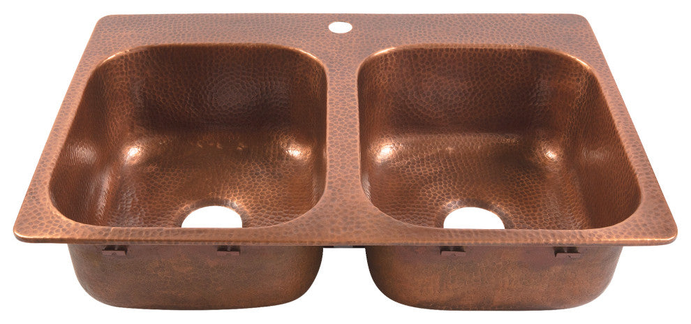 Angelico Copper 33" Double Bowl Drop-In Kitchen Sink With 1 Hole