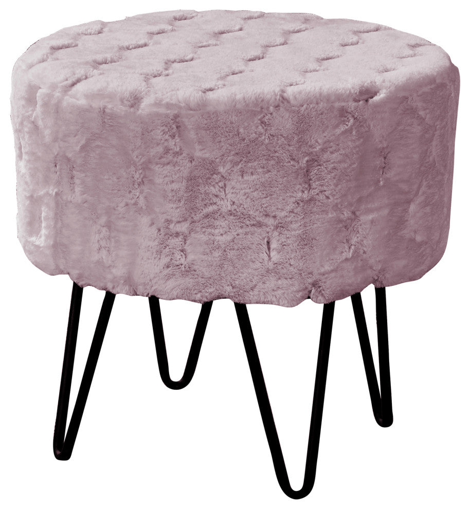 Jacquard Solid Faux Fur Round Ottoman, 18" x 18" x 18", Violet Ice