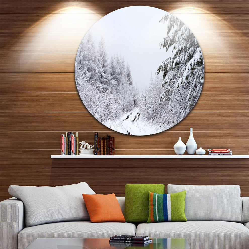 Frosted Forest Trail In Fall, Landscape Photo Disc Metal Artwork, 23"