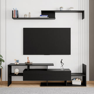 60.2'' 2 Pc 1-Drawer Floating TV Stand Media Console with Open Shelves, Ebony