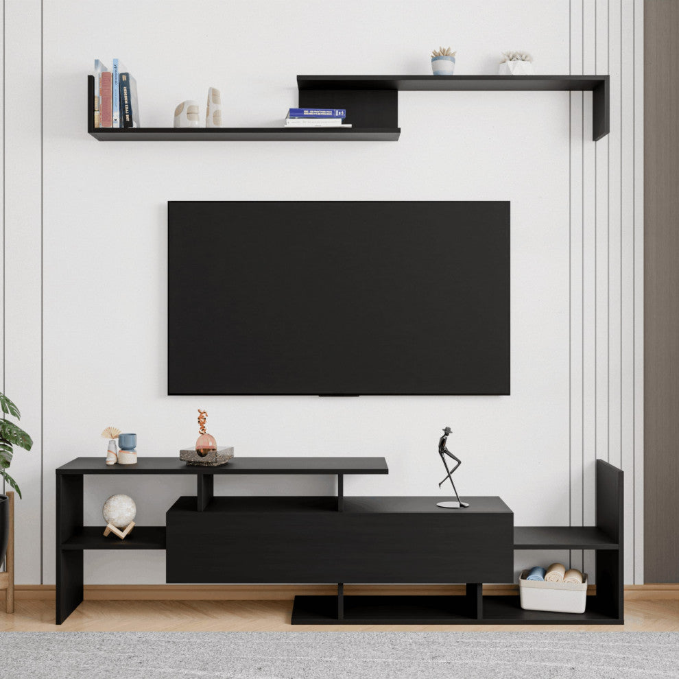 60.2'' 2 Pc 1-Drawer Floating TV Stand Media Console with Open Shelves, Ebony
