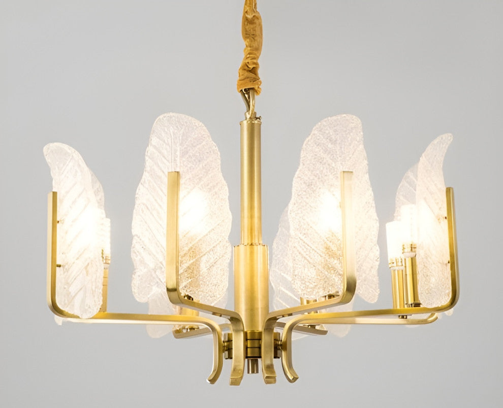 Lyss | Luxury Brass Chandelier with Leaves of Frosted Glass for Living Room, 8 Lights