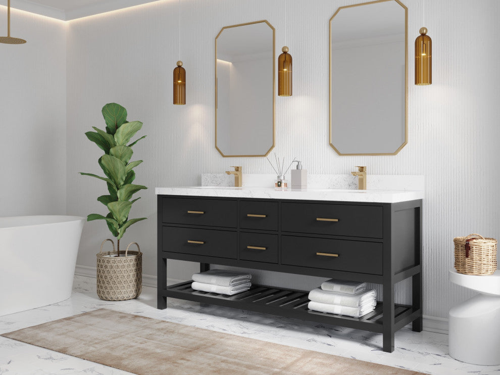Parker 72" Double Sink Bath Vanity, Black 2" Carrara Quartz